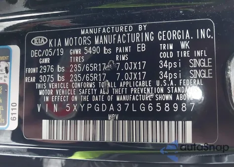 2020 Kia Sorento 2.4L Lx from USA, damaged, VIN 5XYPGDA37LG658987